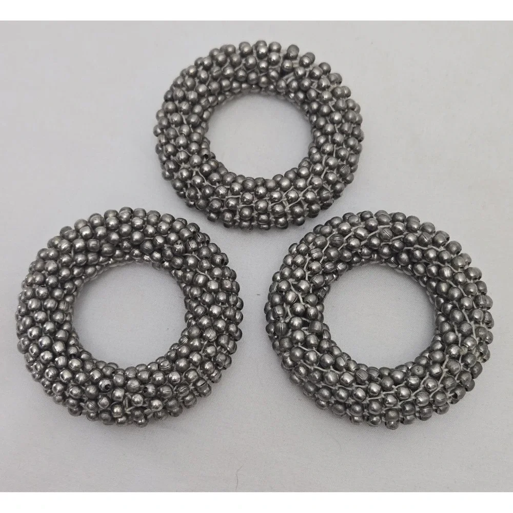 Set of 3 Vtg Silver Beaded Cluster Napkin Rings - Metallic Caviar Ball Texture